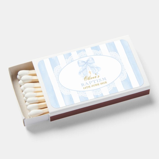 Blue Bow Boy Baptism Matchboxes (Front Open)