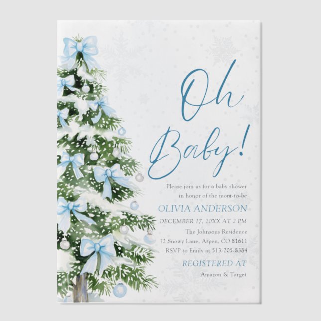 Blue Bow Boy Christmas Tree Oh Baby Baby Shower Vellum Invitations (Front)