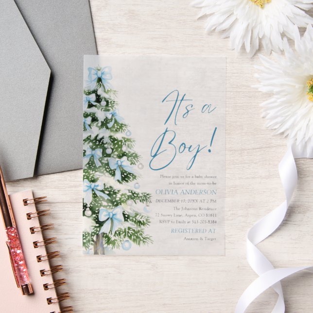 Blue Bow Boy Christmas Tree Oh Baby Baby Shower  Vellum Invitations (Wedding)