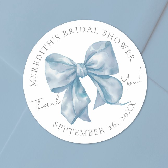 Blue Bow Bridal Shower Classic Round Sticker (Blue Bow Bridal Shower Classic Round Sticker)