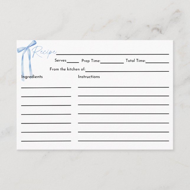 Blue Bow Bridal Shower Recipe Card (Front)