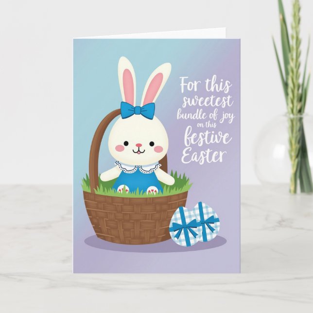 Blue Bow Bunny Basket Card (Front)