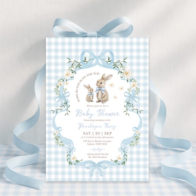 Blue Bow Bunny Gingham Floral Boy Baby Shower Invitation (Creator Uploaded)