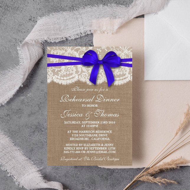 Blue Bow Burlap & Lace Wedding Rehearsal Dinner Invitation (Creator Uploaded)