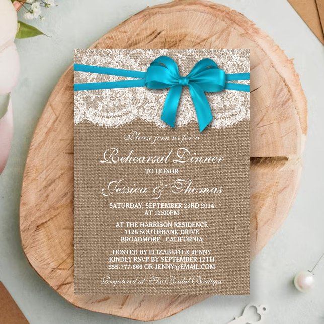 Blue Bow Burlap & Lace Wedding Rehearsal Dinner Invitation (Creator Uploaded)