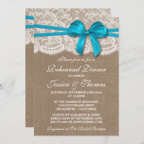 Blue Bow Burlap  Lace Wedding Rehearsal Dinner Invitation