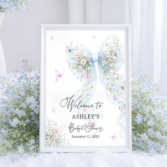 Blue Bow Butterfly Baby Shower Welcome Poster (Creator Uploaded)