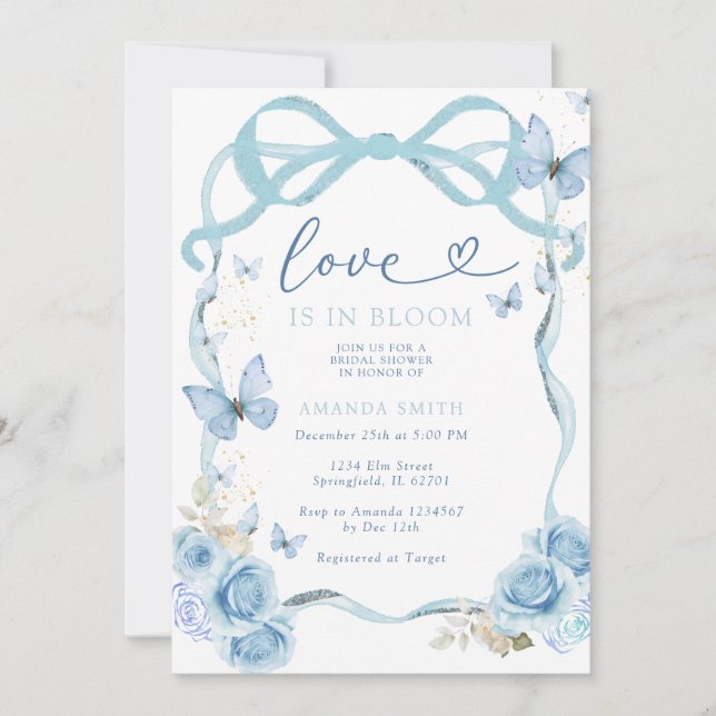 Blue Bow Butterfly Love In Bloom Bridal Shower  Invitation (Front)