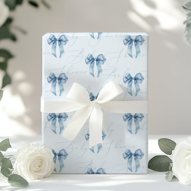 Blue Bow calligraphy modern Baby Shower Wrapping Paper (Creator Uploaded)