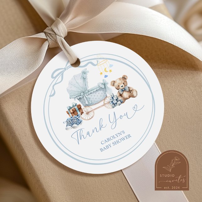 Blue Bow Carriage Baby Shower Thank You Sticker (Creator Uploaded)