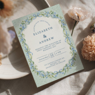 Blue Bow Celadon Grandmillennial Wedding Invitation
