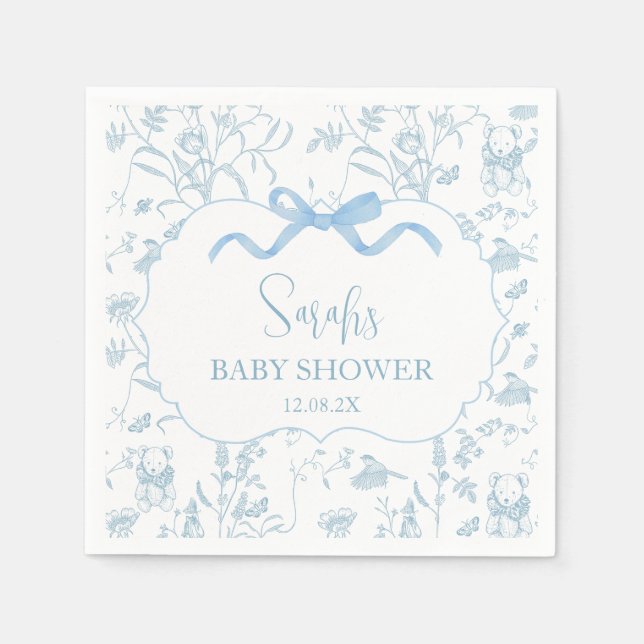 Blue Bow Chinoiserie Baby Shower Boy Napkins (Front)