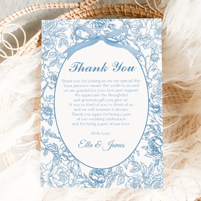 Blue Bow Chinoiserie Floral Wedding Thank You Card (Creator Uploaded)