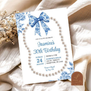 Blue Bow Chinoiserie Pearls Women Birthday Invitation