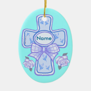 Blue Bow Christian Cross Ornament
