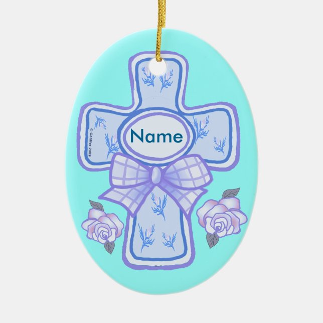 Blue Bow Christian Cross Ornament (Front)