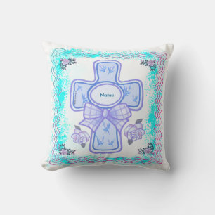Blue Bow Christian Cross Throw Pillow