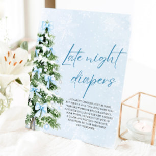 Blue Bow Christmas Baby Shower Late Night Diapers Pedestal Sign