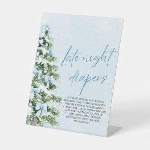 Blue Bow Christmas Baby Shower Late Night Diapers Pedestal Sign