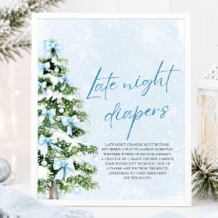 Blue Bow Christmas Baby Shower Late Night Diapers  Poster