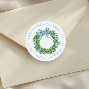 Blue Bow Christmas Boxwood Wreath Address Classic Round Sticker