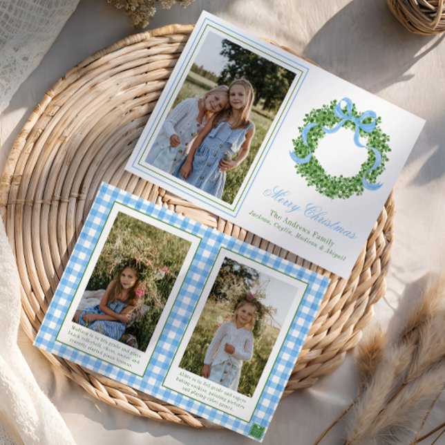 Blue Bow Christmas Boxwood Wreath Photo Holiday Card (Creator Uploaded)