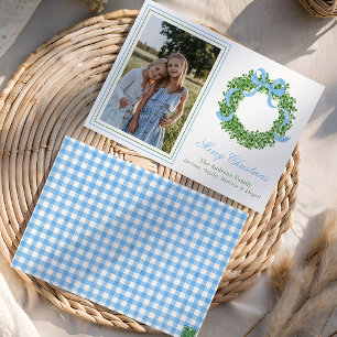 Blue Bow Christmas Boxwood Wreath Photo Holiday Card