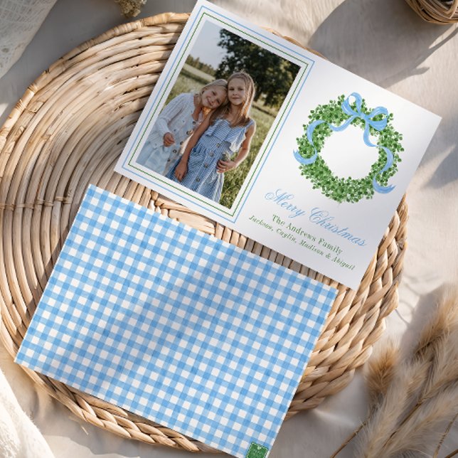 Blue Bow Christmas Boxwood Wreath Photo Holiday Card (Creator Uploaded)