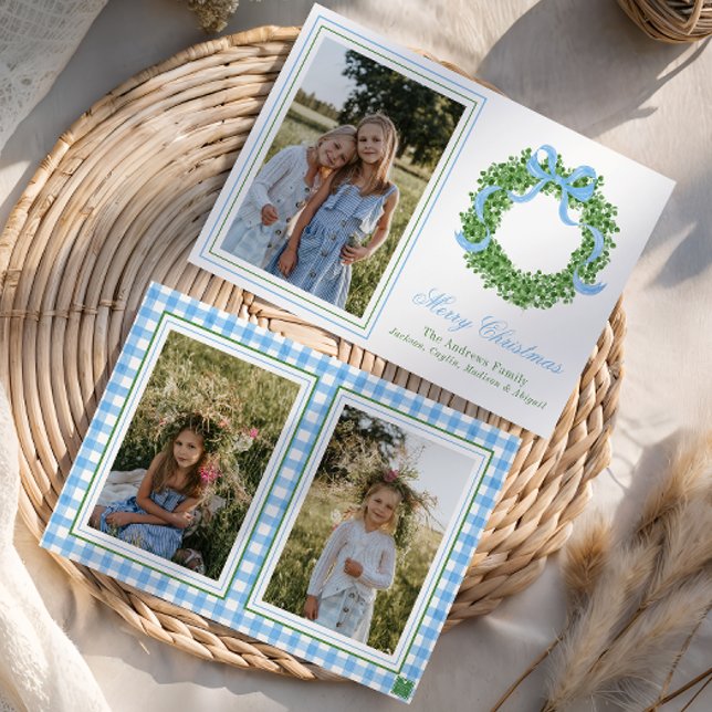 Blue Bow Christmas Boxwood Wreath Photo Holiday Card (Creator Uploaded)