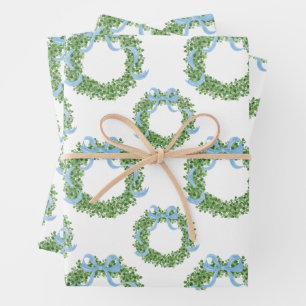 Blue Bow Christmas Boxwood Wreath Wrapping Paper Sheets