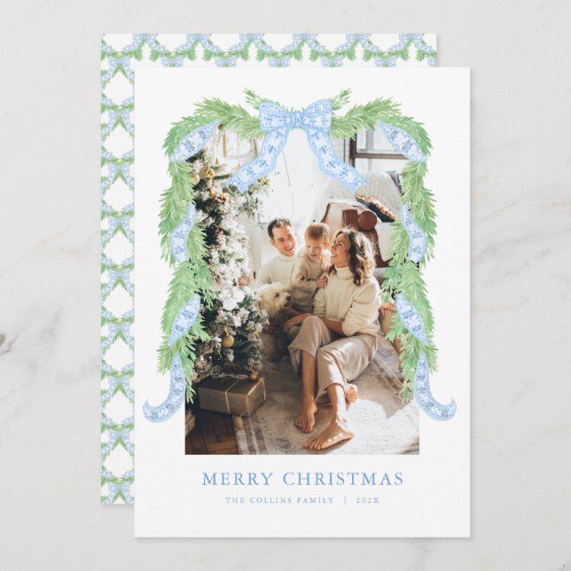 Blue Bow Christmas Chinoiserie Photo Holiday Card (Front/Back)