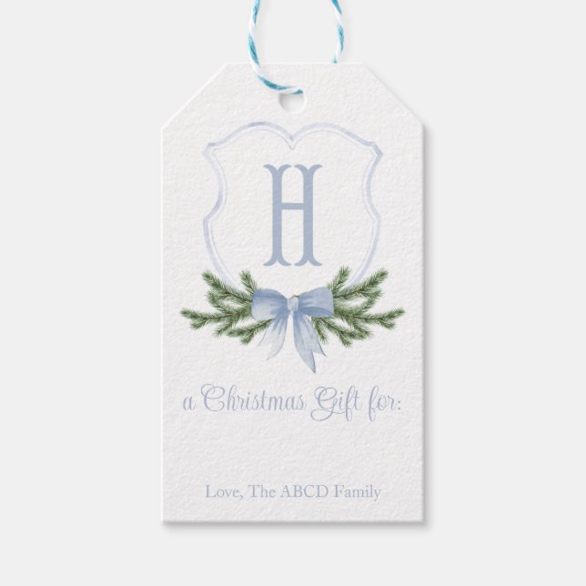 Blue Bow Christmas Crest Gift Tag - H (Front)