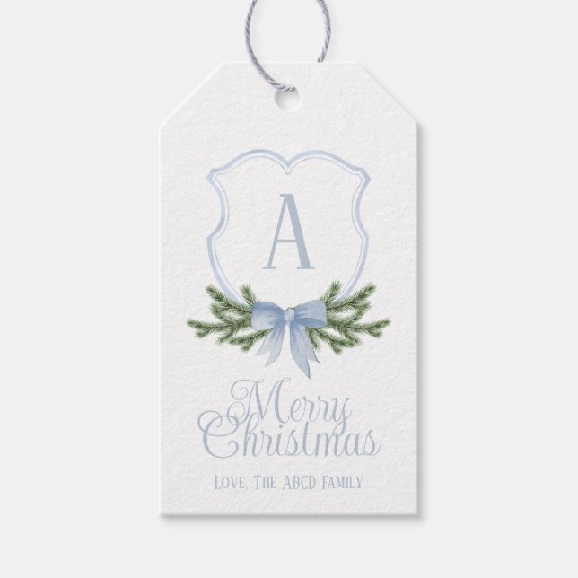 Blue Bow Christmas Crest Gift Tags (Front)
