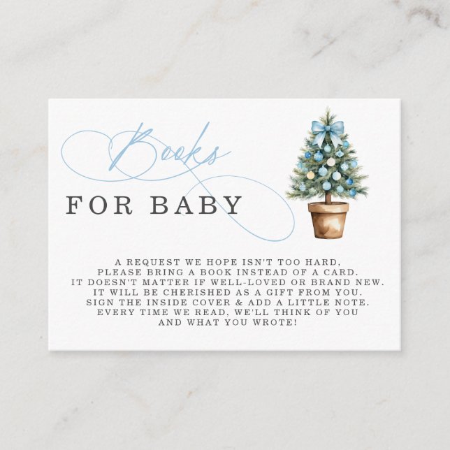 Blue Bow Christmas Tree Baby Shower Book Request Enclosure Card (Front)
