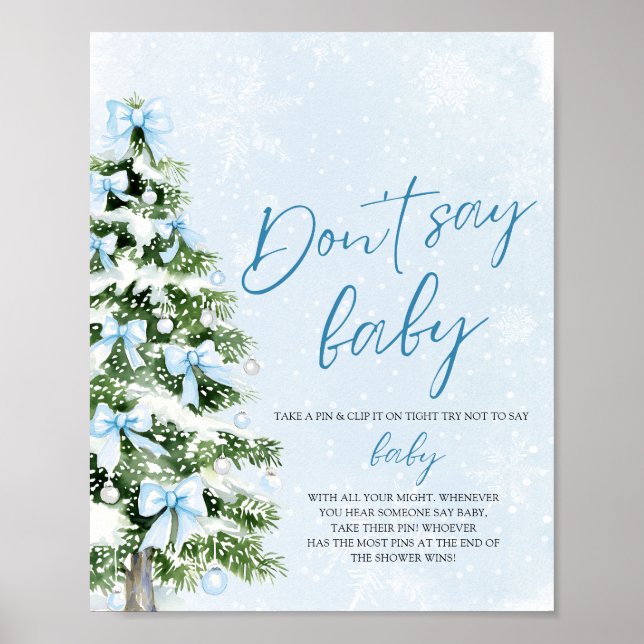 Blue Bow Christmas Tree Baby Shower Don't Say Baby Poster (Front)