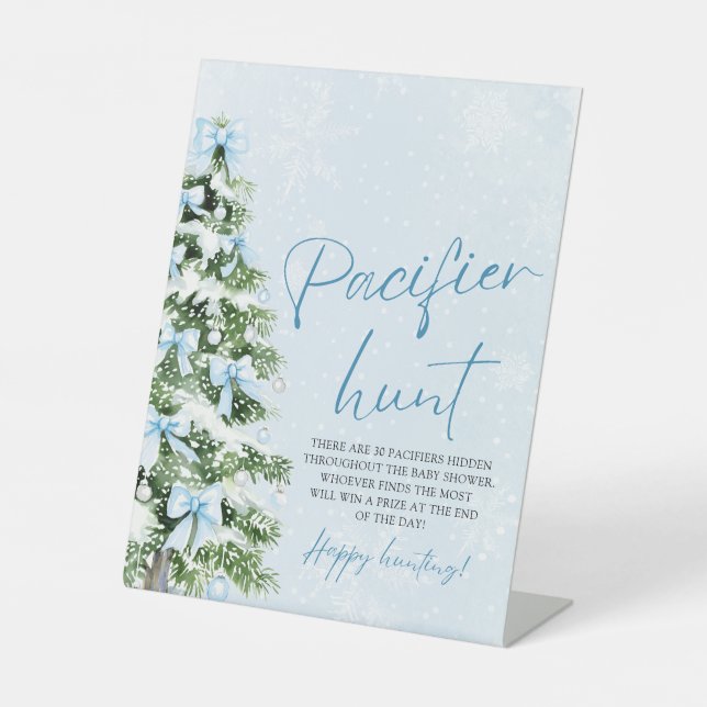 Blue Bow Christmas Tree Baby Shower Pacifier Hunt Pedestal Sign (Front)