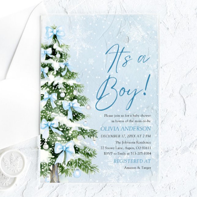 Blue Bow Christmas Tree It's a Boy Baby Shower  Acrylic Invitations (Blue Bow Christmas Tree It's a Boy Baby Shower Acrylic Invitations)
