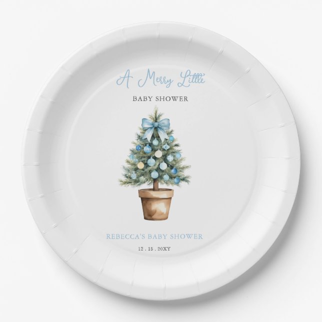 Blue Bow Christmas Tree Merry Little Baby Shower Paper Plates (Front)