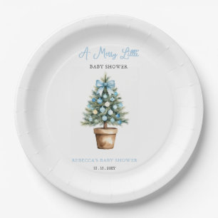 Blue Bow Christmas Tree Merry Little Baby Shower Paper Plates