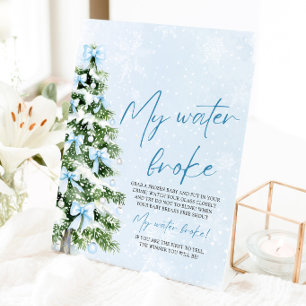 Blue Bow Christmas Tree My Water Broke Baby Shower Pedestal Sign