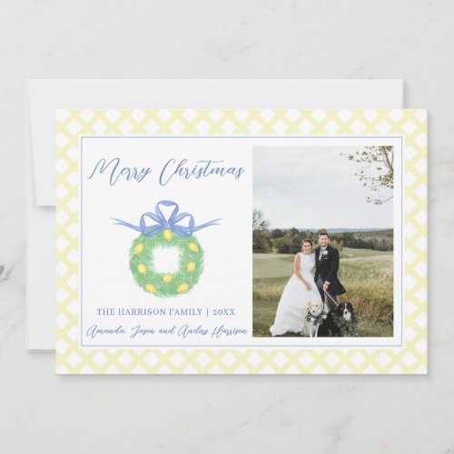 Blue Bow Coastal Christmas Grandmillenial Photo  H Holiday Card