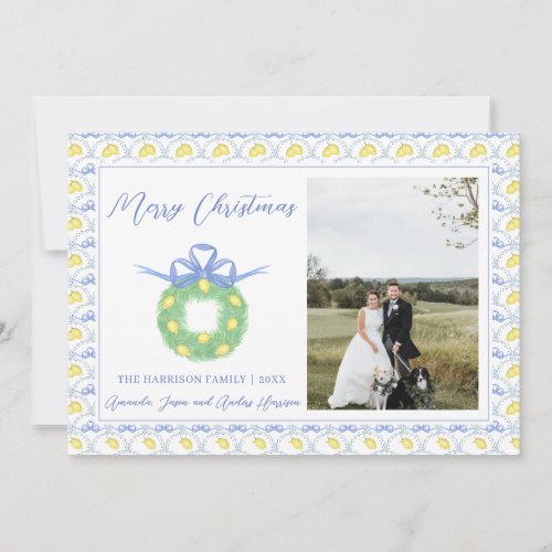 Blue Bow Coastal Christmas Grandmillenial Photo  H Holiday Card