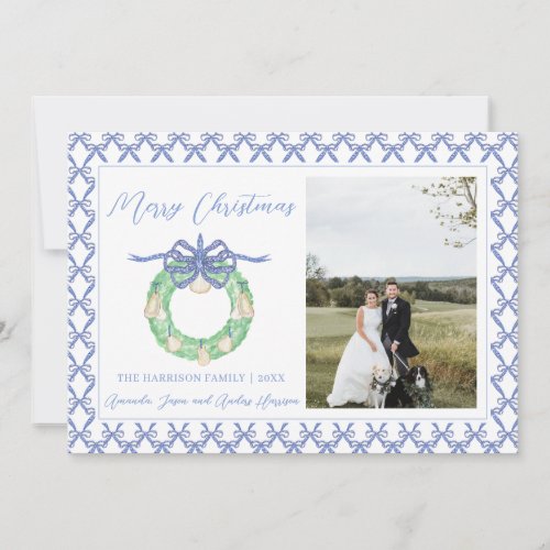 Blue Bow Coastal Christmas Grandmillenial Photo  Holiday Card