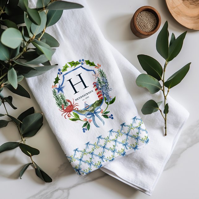 Blue Bow Coastal Christmas Nautical Monogram Kitchen Towel (Creator Uploaded)