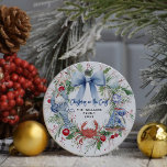 Blue Bow Coastal Christmas Photo Ceramic Ornament<br><div class="desc">Celebrate the holidays with seaside charm using this double-sided coastal Christmas ornament. The front features watercolor artwork of a blue bow, festive greenery, a lobster, crab, and nautical accents, while the back showcases your favorite family photo framed with the same elegant bow detail. Perfect for a refined coquette grandmacore holiday...</div>
