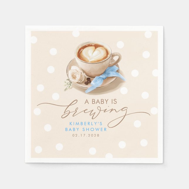 Blue Bow Coffee Baby Is Brewing Boy Baby Shower Napkins (Front)