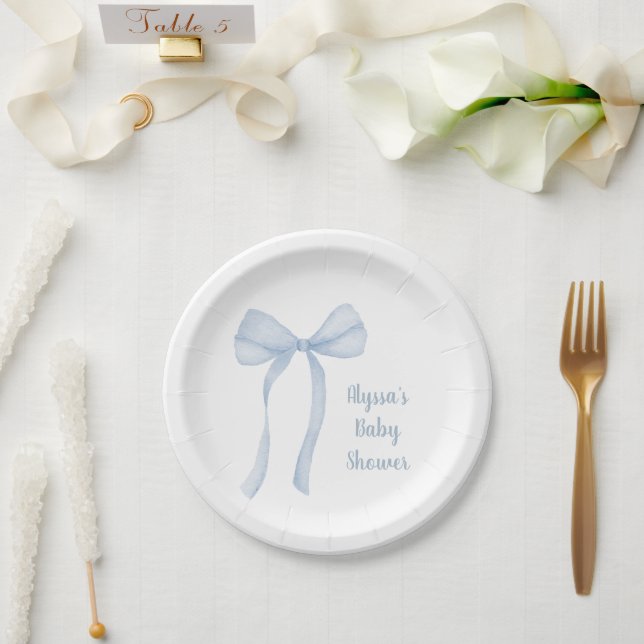 Blue Bow Coquette Baby Shower Paper Plates (Wedding)