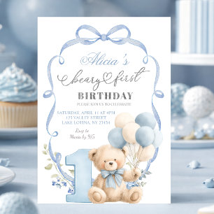 Blue Bow Coquette Beary First Birthday Invitation