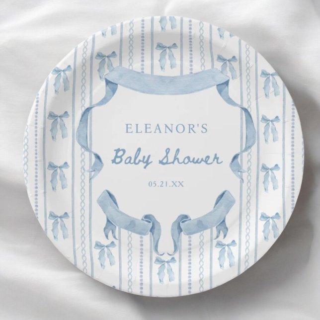 Blue Bow Coquette Blue Boy baby Shower Paper Plates (Creator Uploaded)