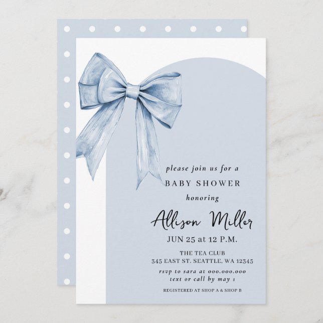 Blue Bow Coquette Boy Baby Shower  Invitation (Front/Back)
